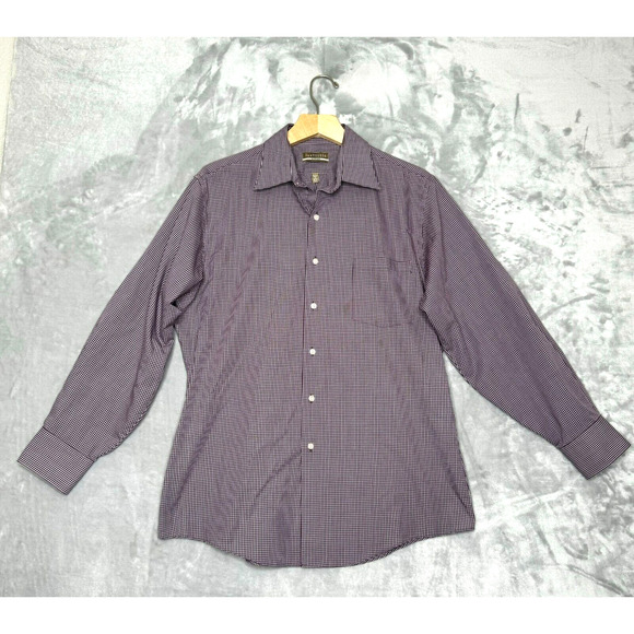 Van Heusen Fitted Shirt Mens 16 32/33 Large Wrinkle Free Maroon White Plaid - Picture 1 of 8